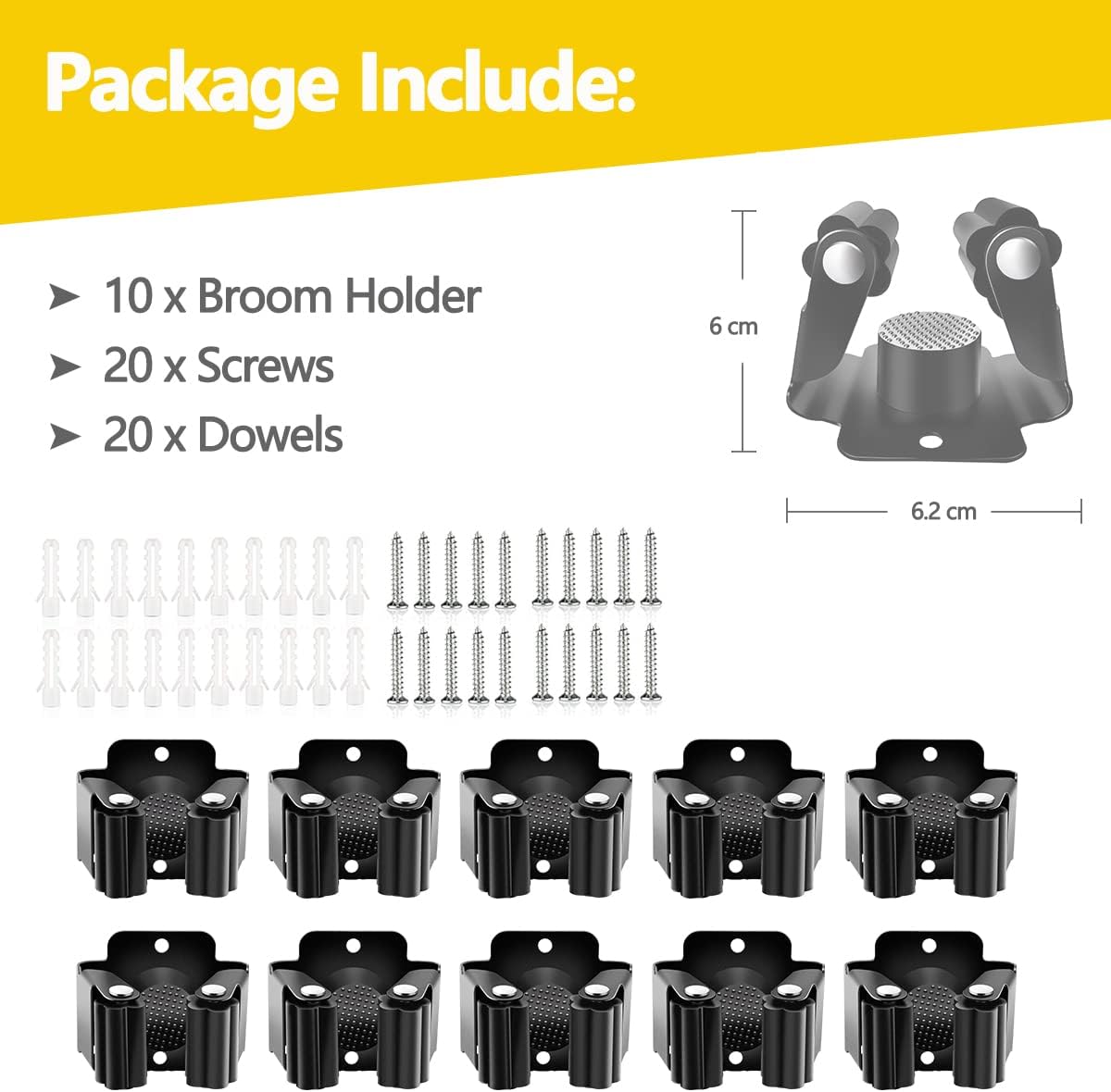 Verdenu Broom Holder Wall Mount - Stainless Steel Mop Organizer with Screws | 10 Pack for Home & Garage Storage