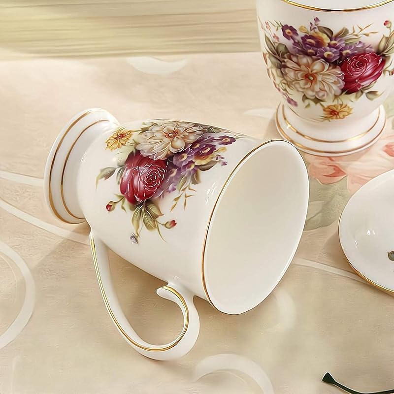 Floral 10oz Ceramic Mug with Gold Rim & Lid - Fine Bone China Tea Cup