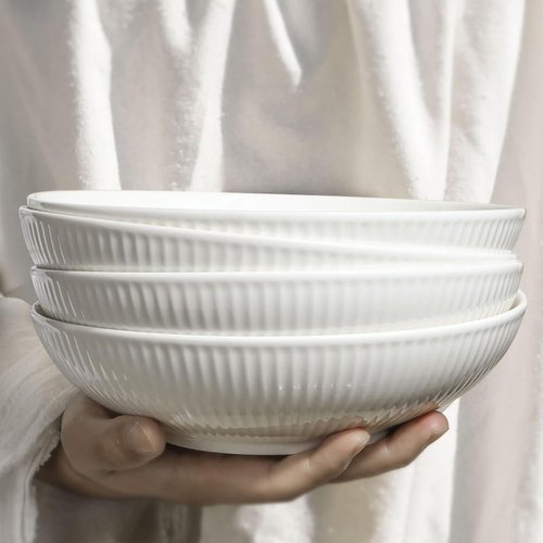 Artena Pasta Bowls Set of 4 - 32oz Ceramic Striped Salad Bowls | 8-Inch Wide Shallow Serving Bowls