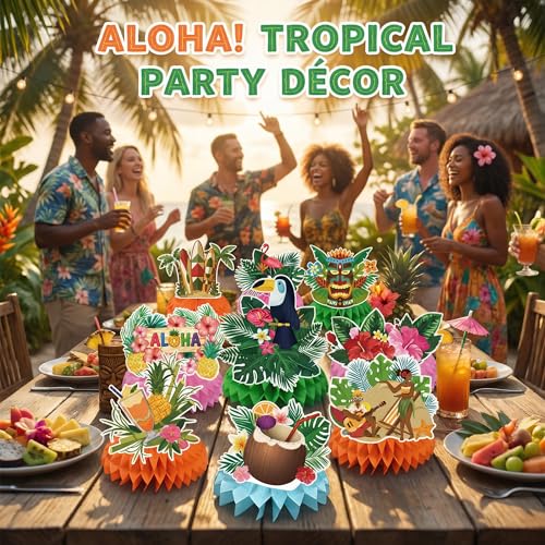 Hawaiian Luau Honeycomb Table Centerpieces - 9 PCS Tropical Decor