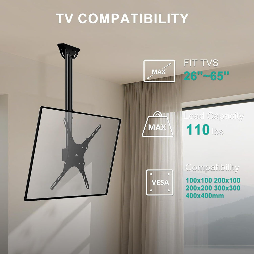 WALI Ceiling TV Mount - Adjustable Bracket for 26-65 Inch 4K TVs | Supports Up to 110 lbs, Black