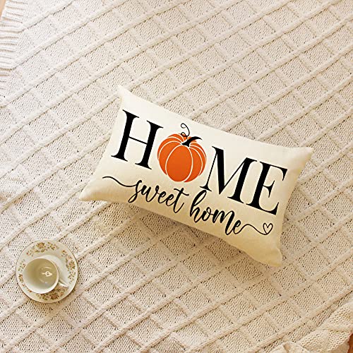 Home Sweet Home Pumpkin Lumbar Throw Pillow Cover, 12x20 Farmhouse Decor