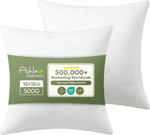 Ashler Pillow Inserts - Premium 18x18 Decorative Throw Pillows | Air Layer Cushion Stuffers, Pack of 2, White