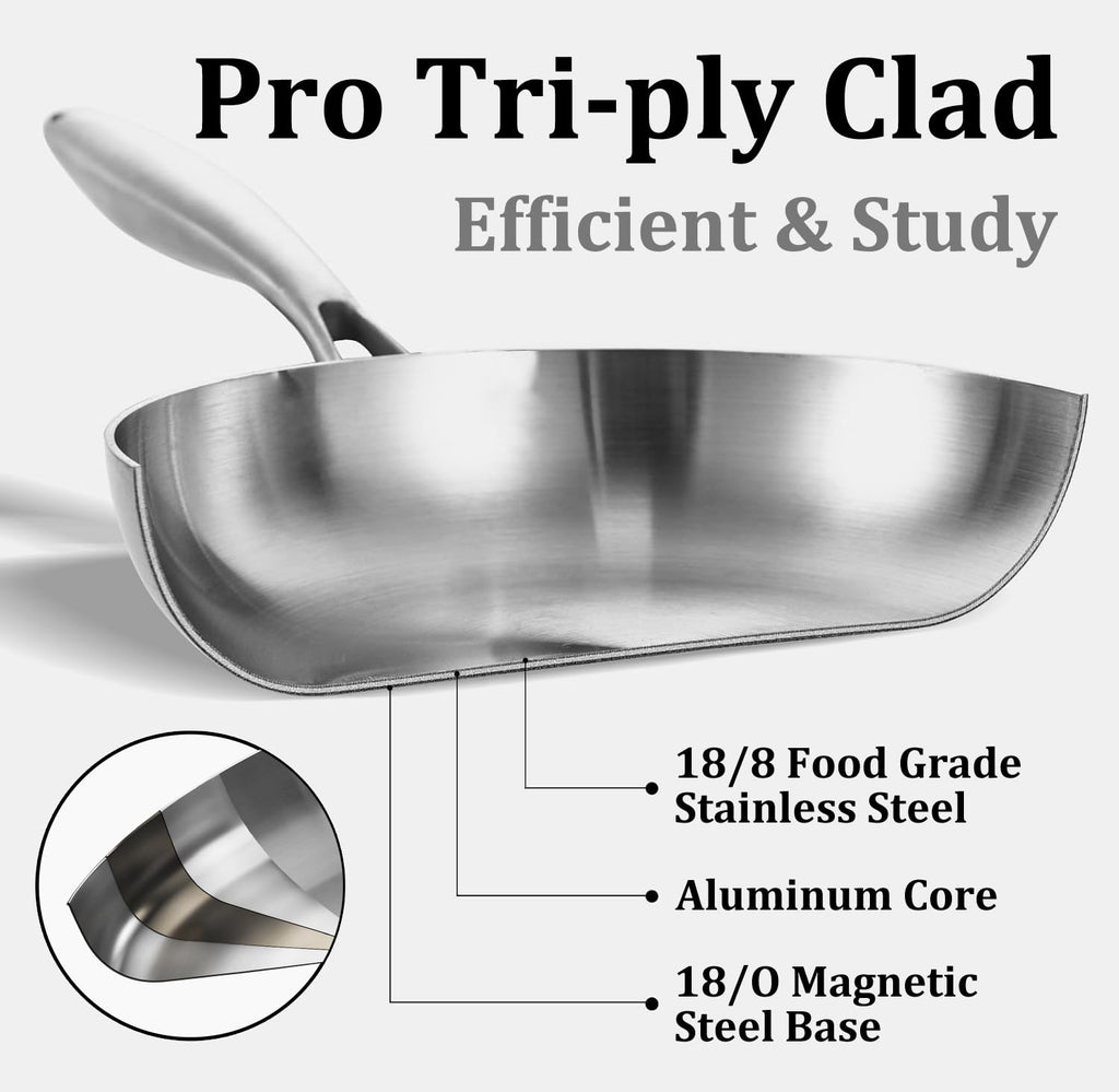 LOLYKITCH 14 Inch Tri-ply Stainless Steel Frying Pan with Lid and Helper Handle,Large Skillet,Induction Chef's Cooking Pan,Oven Safe and Detachable Handle