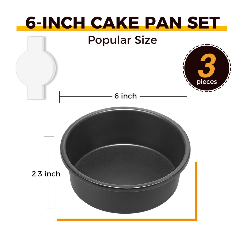 HONGBAKE 6 Inch Round Cake Pan Set for Baking with Healthy Parchment Paper, Nonstick Deeper Circle Cake Pans with Wider Grips, 3 Pieces Premium Layer Cake Tin, Cheesecake Mold, Huty Duty - Grey