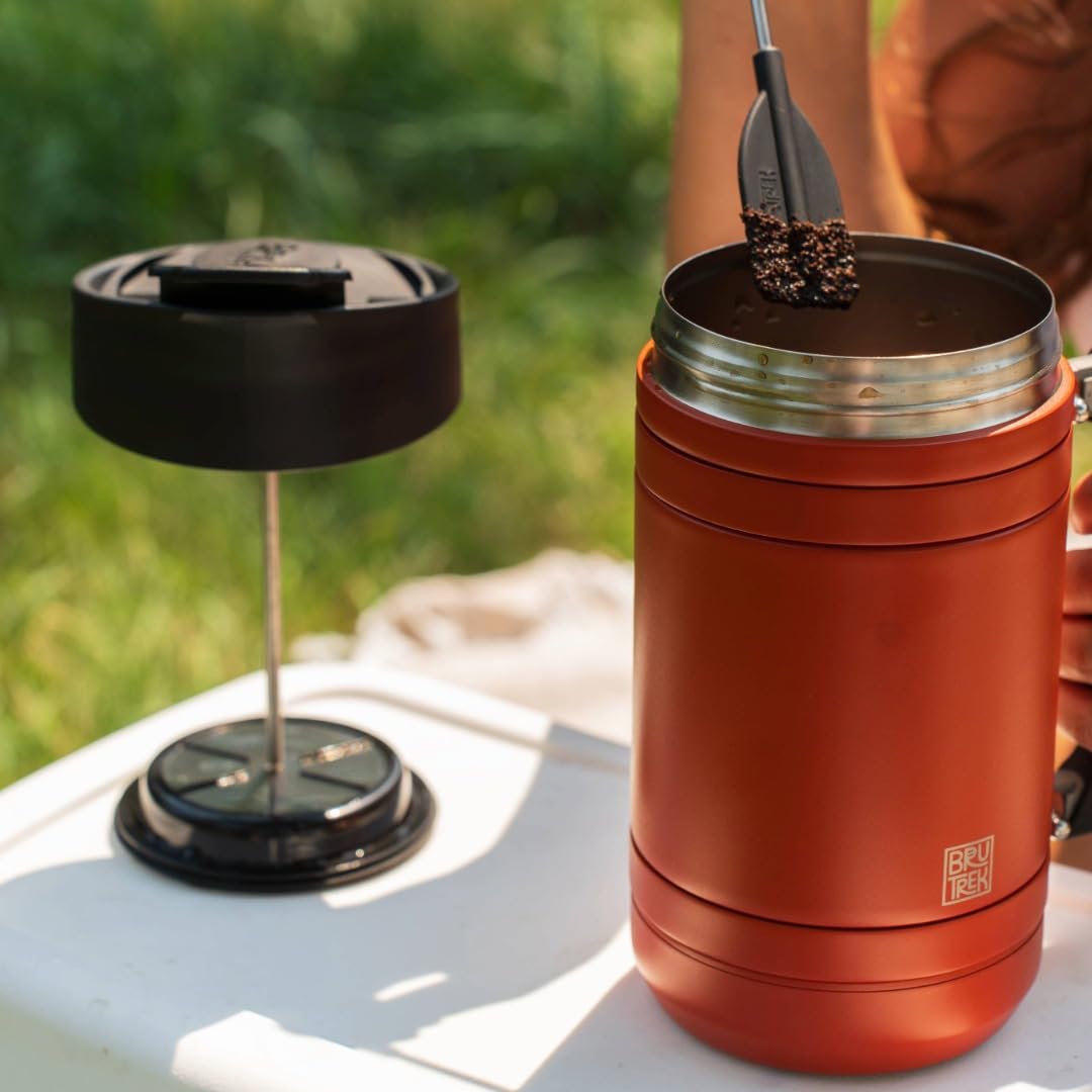BruTrek® by Planetary Design BaseCamp Coffee Press - Double Wall Insulated Stainless Steel - Bru-Stop Technology, No Grounds in Coffee, No Spill Lid (Red Rock, 32 fl.oz)
