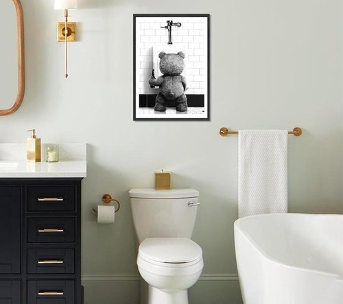Funny Teddy Bear Wall Art - Black and White Bathroom Decor | 8x10in Print for Movie Fans