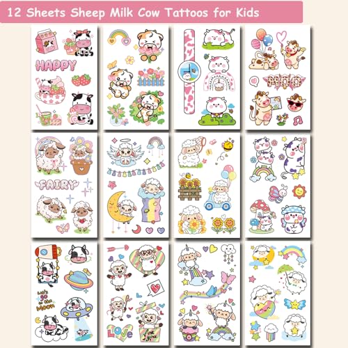 Sheep and Milk Cow Temporary Tattoos for Kids Party Favors, 12 Sheets