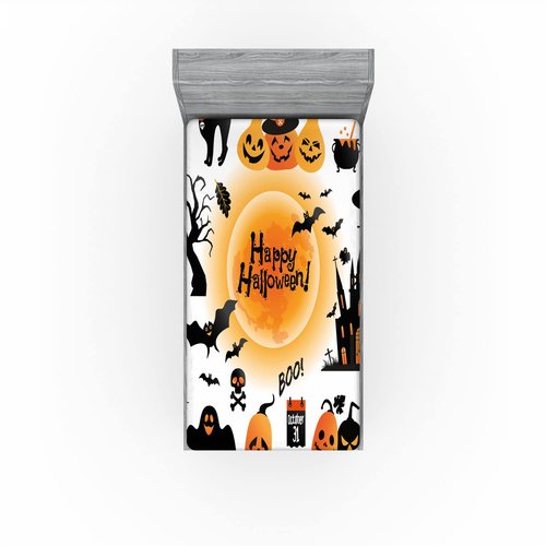 Ambesonne Halloween Fitted Sheet, All Hallows Day Objects Haunted House Owl and Trick or Treat Candy Black Cat, Bed Cover with All-Round Elastic Deep Pocket for Comfort, Twin Size, Black Orange
