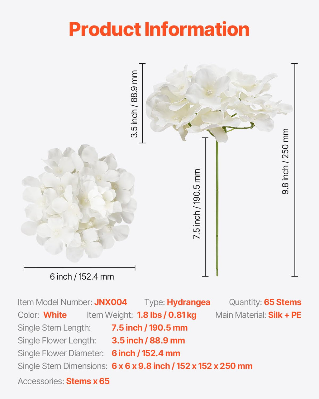 VEVOR Artificial Flowers, 205 pcs Real Looking White Silk Fake Hydrangea Bulk, White Faux Bridal Shower with Stems for DIY Wedding Bouquets, Home Centerpieces Arrangements, Party Tables Decorations
