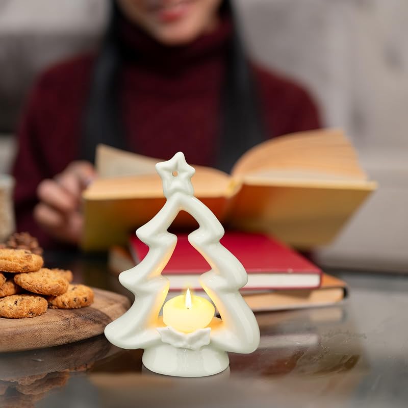 Ceramic Christmas Tree Candle Holders, 2-Pack White Table Decor