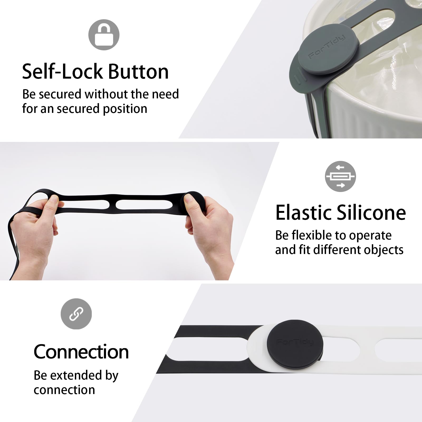 FORTIDY Silicone Latch Strap for Slow Cooker Lid, Pot, Bento Box, Patented Design Reusable Elastic Self-Lock Silicone Tie for securing cookwares or Organizing Cords, Mats, 21.65 in, 2pcs (Black&White)