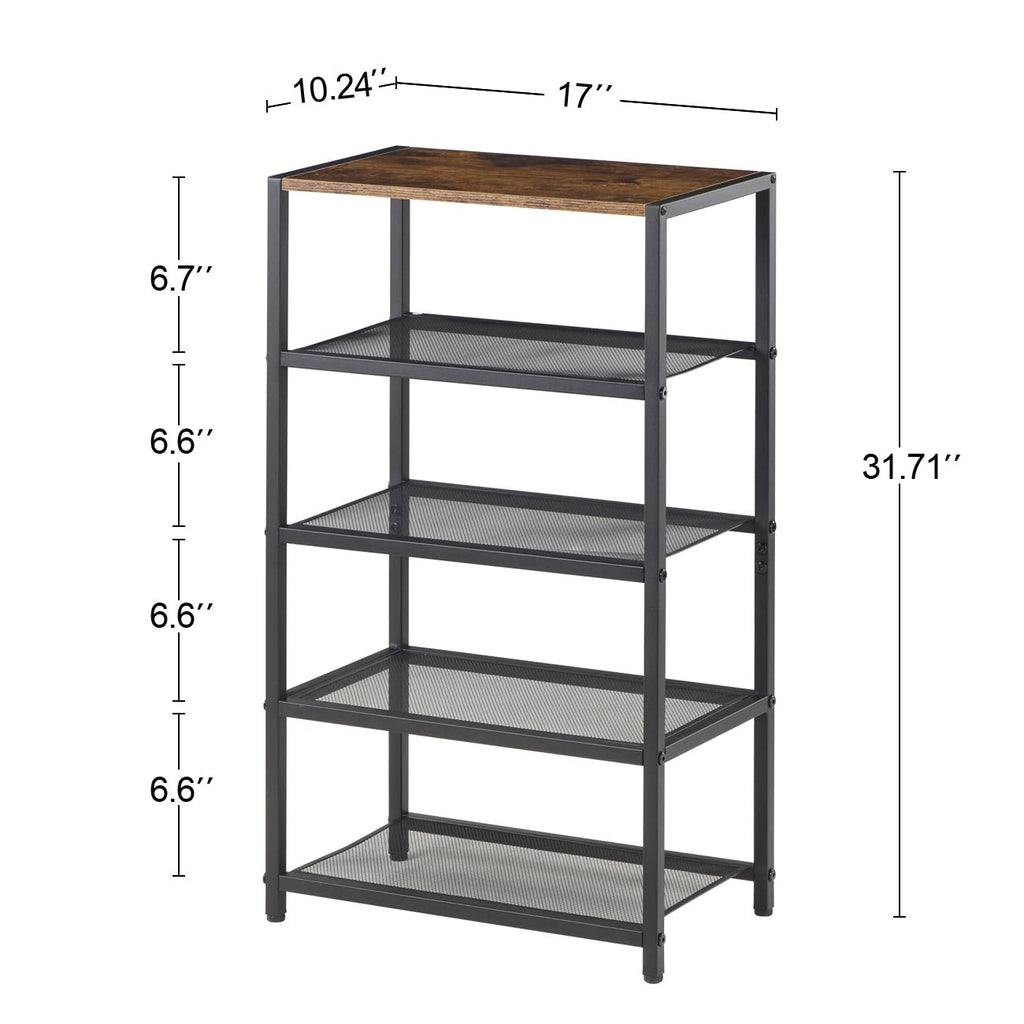 RUNJIMY Narrow Shoe Rack for Front Door Entrance, Entryway, and Closet Shoe Organizer with 4 Sturdy Metal Mesh Shelves and Wooden Top, Holds 10 Pairs, Ideal for Storage or Display