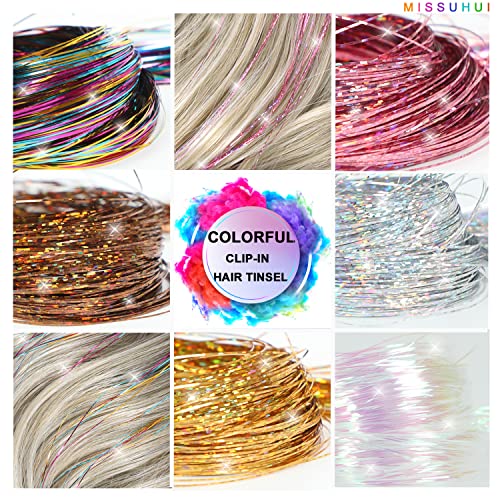 Clip in Hair Tinsel Extensions 23.6 Inch 12 Pcs Gold Fairy Hair Sparkle Kit