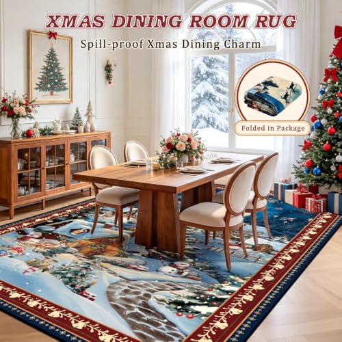 Christmas Washable Area Rug 6x9Ft - Red & Blue Holiday Decor, Rectangular