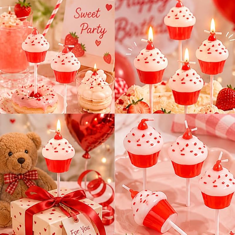 Red White Cupcake Birthday Candles - 4 Pack Fun Cake Decor