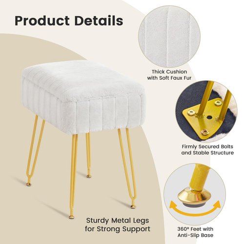 FUXA Vanity Stool Chair with Storage, White Faux Fur Makeup Chair with 4 Metal Legs and Anti-Slip Feet, Soft Padded Seat, Small Footrest Footstool Ottoman, Multifunctional Stool for Bedroom