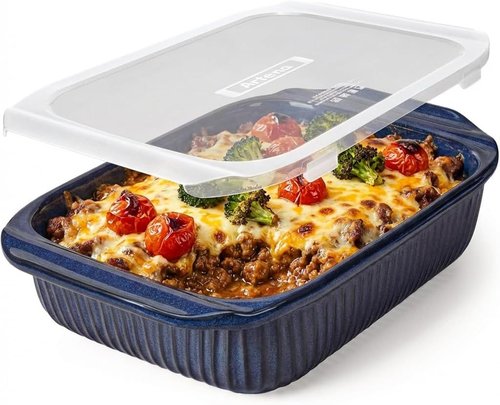 Artena Baking Dish - 5.1 Quart Casserole Dish With Handles - Deep Rectangular White Ceramic Bakeware, Blue