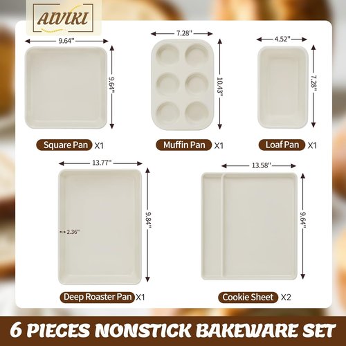 AIVIKI Nonstick Baking Pans Set - 6-Piece Bakeware Set with Cookie Sheet, Roaster, Muffin & More