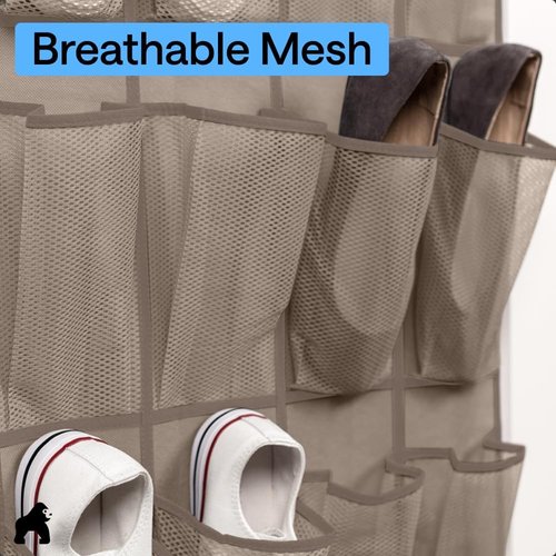 GORILLA GRIP Over The Door Shoe Organizer - 24 Large Breathable Mesh Pockets | Space-Saving Storage in Beige