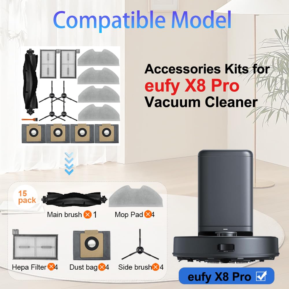 X8 Pro Accessories, Replacement Parts Compatible with Eufy X8 Pro Robot Vacuum Cleaner, 1 Main Brush, 4 Side Brushes, 4 Mop Pad, 4 Dust Bags, 2 HEPA Filter