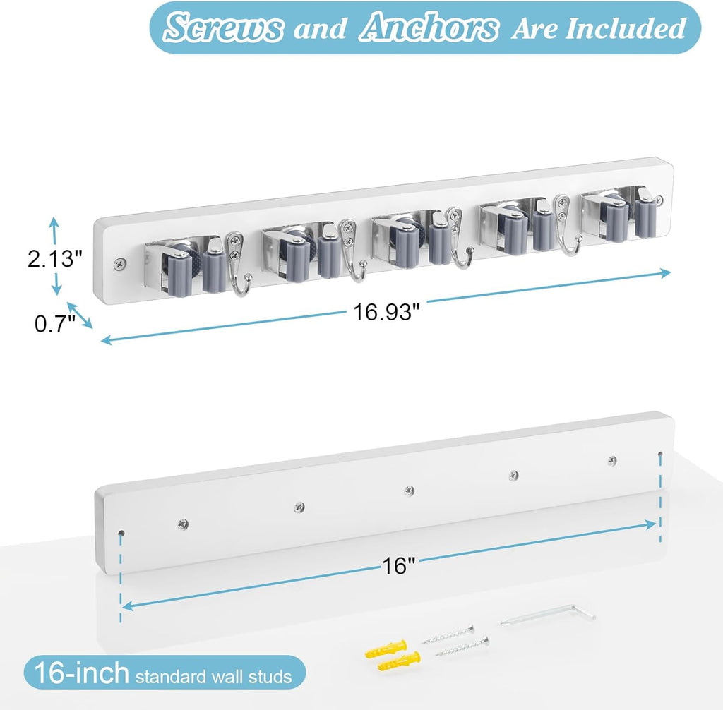 White Broom Holder Wall Mount - Heavy Duty Organizer with 5 Slots & 4 Hooks | Ideal for Laundry, Kitchen & Garage Storage
