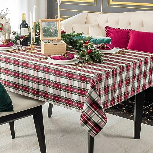 Waterproof Christmas Plaid Tablecloth 60x102 Inch - White, Rectangular