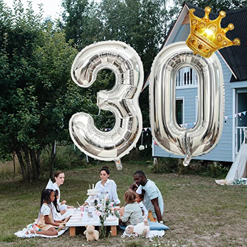 32 Inch Silver Number 30 Foil Balloon with Mini Crown Decoration