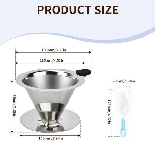 Fyueenix Stainless Steel Pour Over Coffee Dripper, Reusable Fine Mesh Filter for 1-2 Cups, Paperless Coffee Maker for Home, Travel, Camping