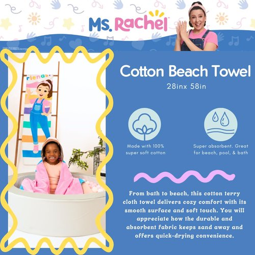 Ms. Rachel Kids Super Soft Cotton Bath/Pool/Beach Towel, 58 in x 28 in, (Officially Licensed Product) by Franco