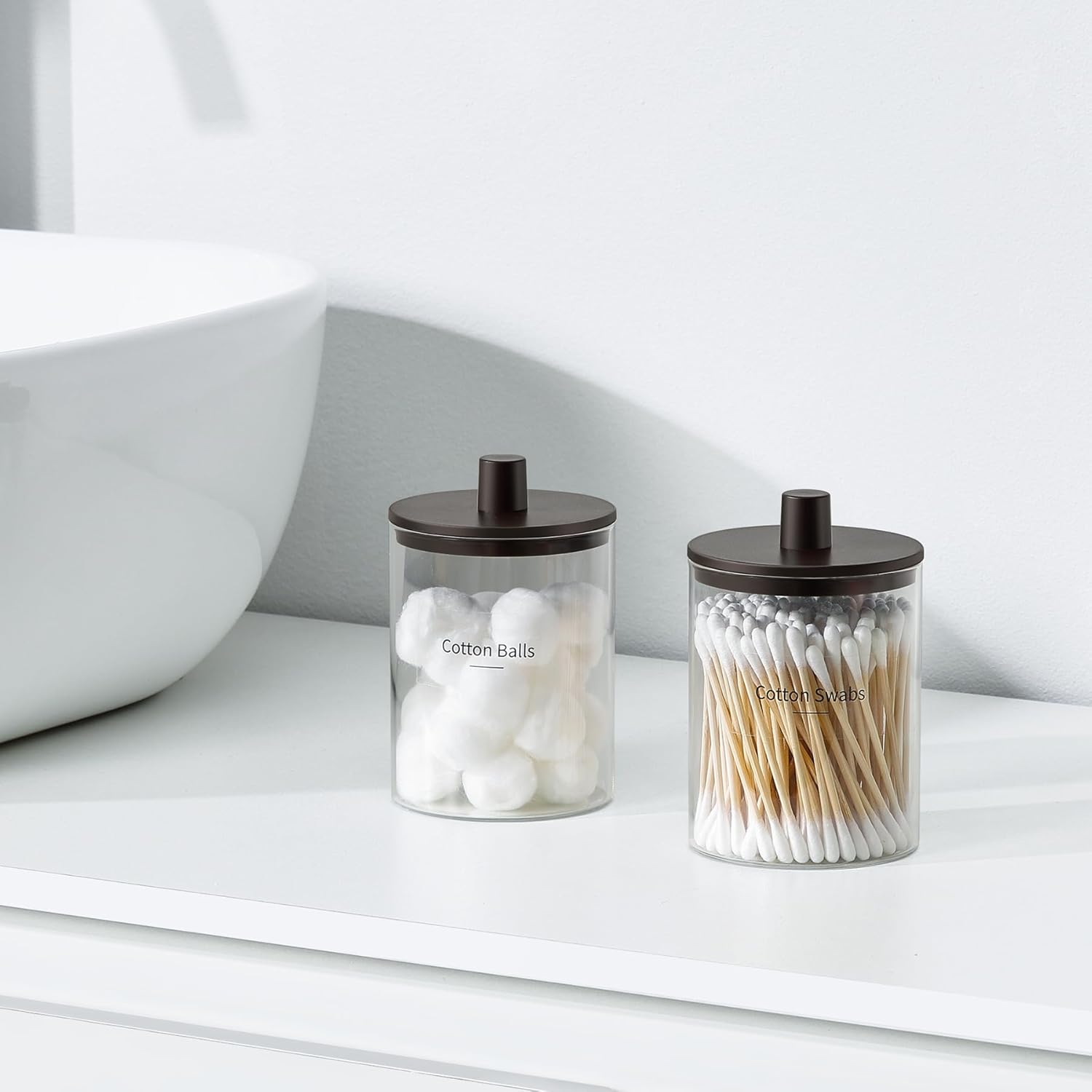 TIPGO Glass Qtip Holder Dispenser - 10 oz Clear Apothecary Jar for Cotton Swabs & Makeup Storage (2 Pack, Brown)