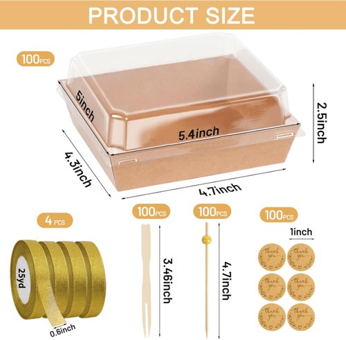 CADVJXZ 100 Pack Charcuterie Boxes with Clear Lids, 5.4 Inch Mini To Go Charcuterie Food Containers+200 Cocktail Picks+100 Lables, Disposable Paper Sandwich Bakery Dessert Boxes for Salads,Cookie