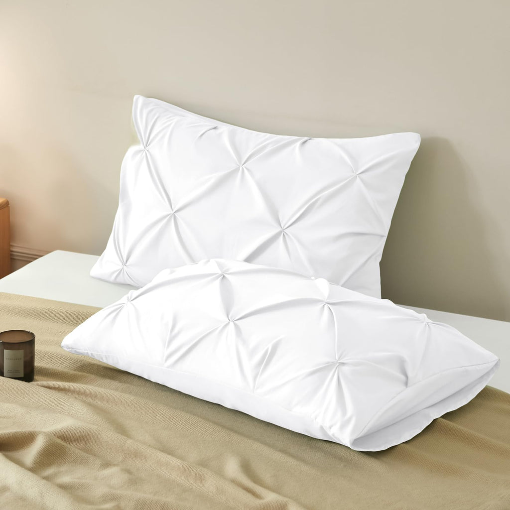 VACVELT Pintuck Pillow Cases King Size Set of 2, White Pillow Shams Decorative Pillowcases with Envelope Closure, Pinch Pleated Microfiber Pillowcases, Wrinkle and Stain Resistant