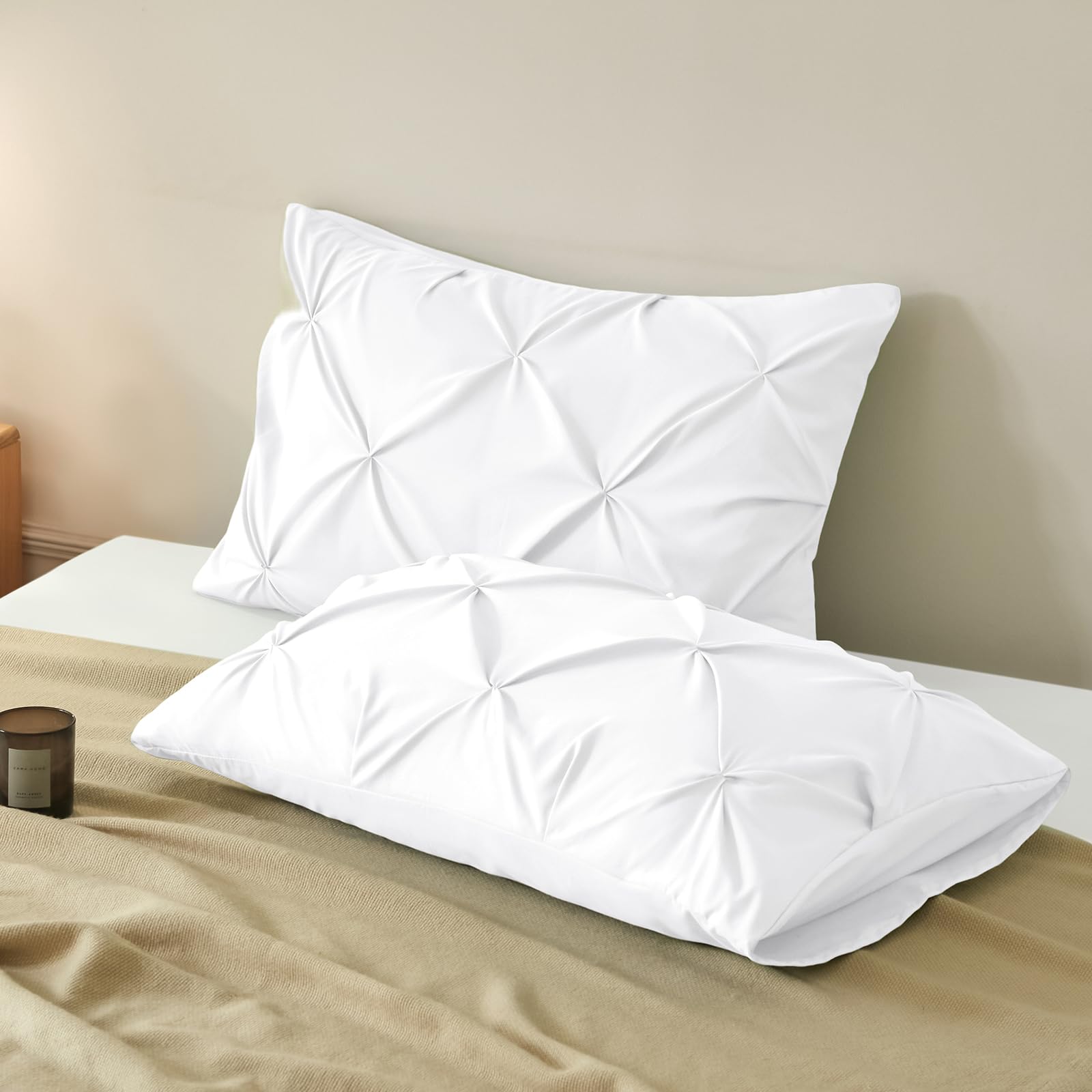 VACVELT Pintuck Pillow Cases King Size Set of 2, White Pillow Shams Decorative Pillowcases with Envelope Closure, Pinch Pleated Microfiber Pillowcases, Wrinkle and Stain Resistant