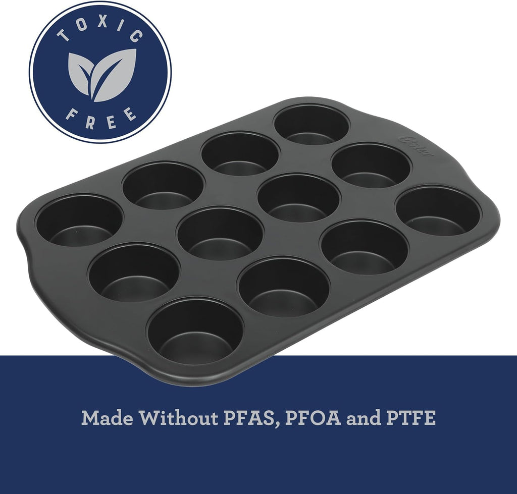 Oster Teston 12-Cup Muffin Pan - Nonstick Carbon Steel Bakeware | PFAS-Free, Easy Release, Matte Black