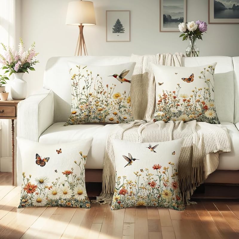 Wyooxoo Spring 18x18 Inch Set of 4 Farmhouse Floral Bird Pillow Covers for Sofa, Outdoor & Bedroom Decor
