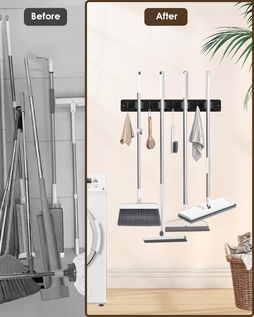 AceMining Wall-Mounted Broom Holder - 4 Holders & 4 Hooks, Natural Pine Wood with Anti-Slip Rubber