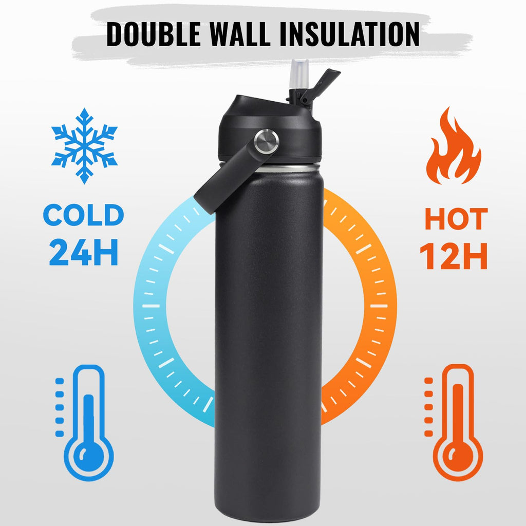 Fijinhom 24oz Insulated Stainless Steel Water Bottle, Wide Mouth Double Wall Vacuum, Silicone Straw, Sweat & Leak Proof, BPA Free Insulated Water Flask for Travel, Keep Cold 24h Hot 12h, Black