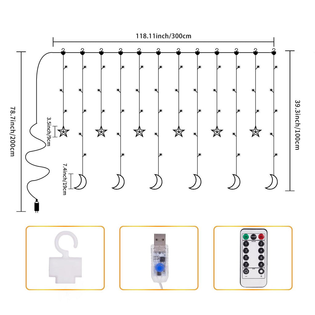 BomKra Dazzle Bright Ramadan Curtain String Lights, 138 LED Warm White Star Moon Fairy Lights 8 Lighting Modes with Remote and 12 Hooks for Bedroom Wall, Outdoor Party, Ramadan Decorations