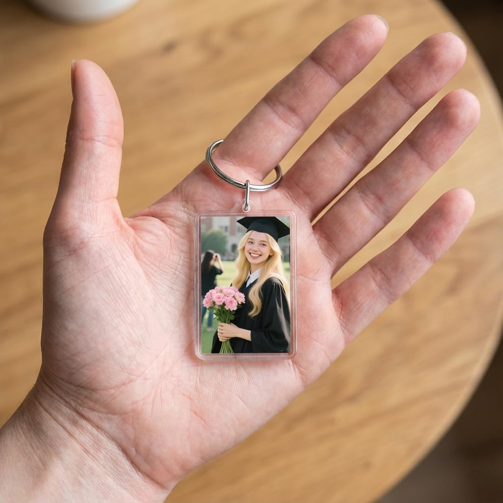 Timerchin Acrylic Photo Keychain 6 Pack - 1.73x1 Inch Clear Custom Picture Keyrings - DIY Personalized Gifts for Mother's Day, Father's Day, Graduation, Pet Memorial