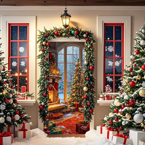 Christmas Door Cover Banner - Merry Christmas Scene, 70.87x35 Inches, Polyester, Variation HD04458