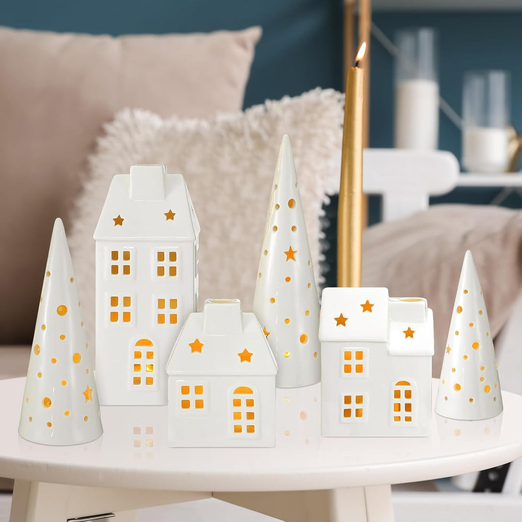 Newtay Ceramic LED Christmas Village Set - 3 LED Houses & 3 Porcelain Trees | White Decor for Tabletop & Mantel