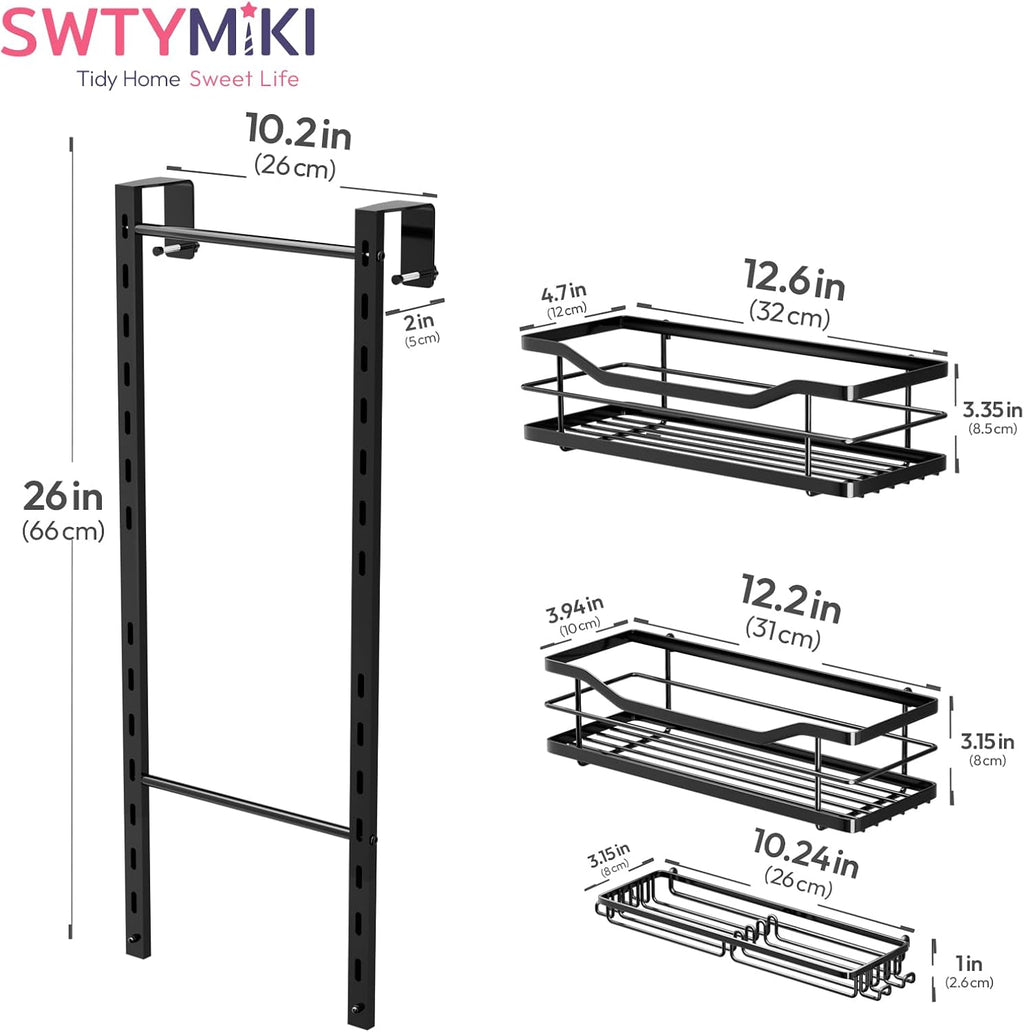 SWTYMIKI Over The Door Shower Caddy - 3-Tier Adjustable Organizer with Soap Holder | No-Drill Stainless Steel, Black