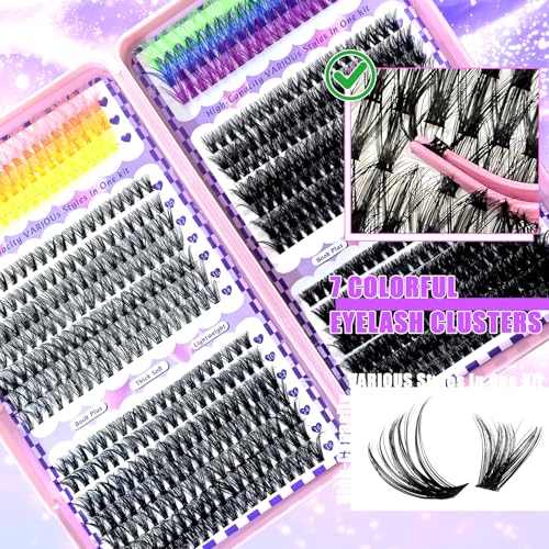 Holipet 680 Pcs Lash Clusters Kit with Glue, Tweezer & Brush - 9-18mm Wispy Manga Eyelash Extensions