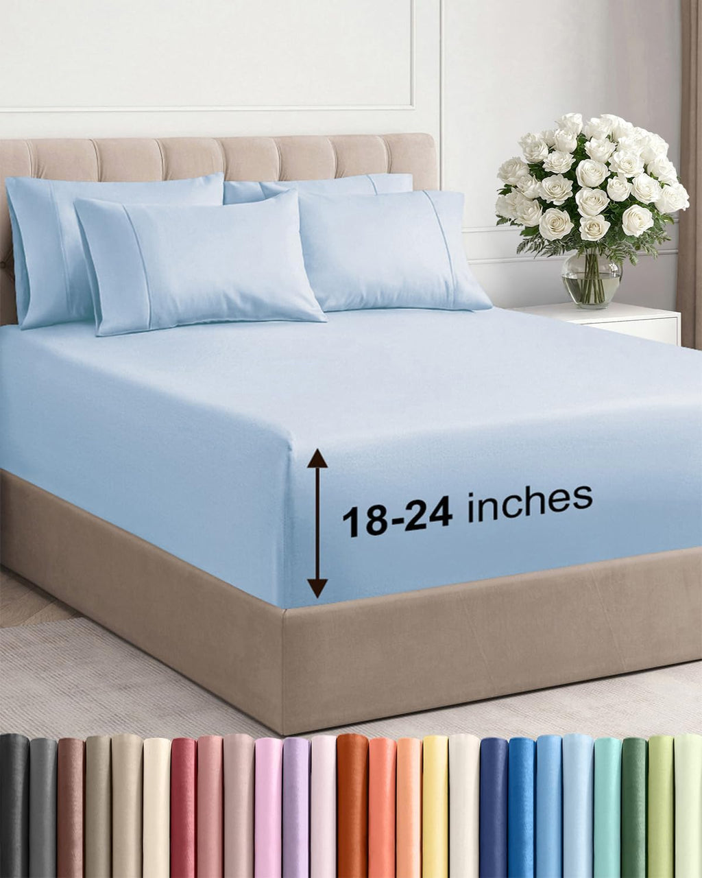 Skiennix Extra Deep Full Sheet Set - 6-Piece Breathable Cooling Bedding - Soft, Wrinkle-Free Sky Blue