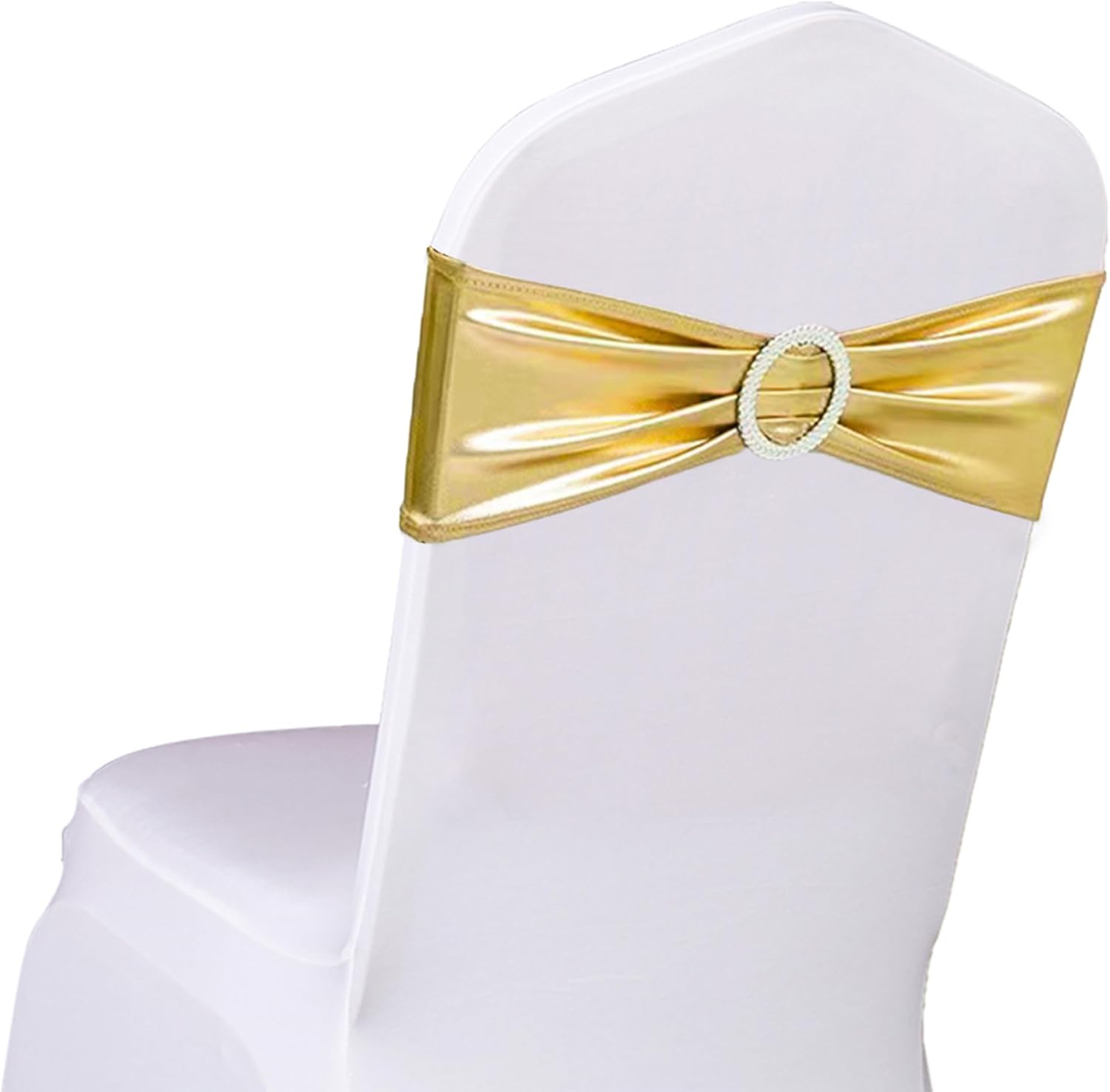Skiennix Spandex Gold Chair Sashes - Pack of 50 for Weddings, Parties & Events | Elegant Metal Bow Design