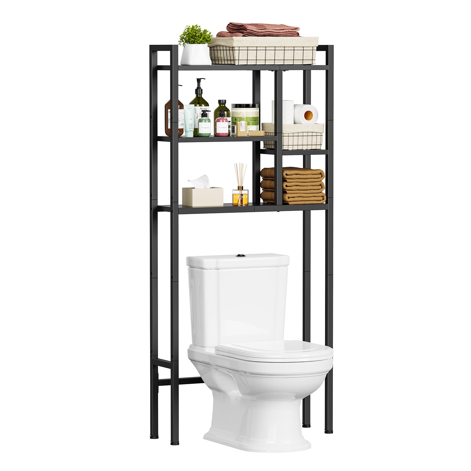 Asgolion Over The Toilet Storage Rack, 3-Tier Bathroom Organizer Over Toilet, Wooden Above Toilet Storage Shelf, Space Saver, Freestanding Bathroom Storage Metal Shelf, Easy to Assemble, Black