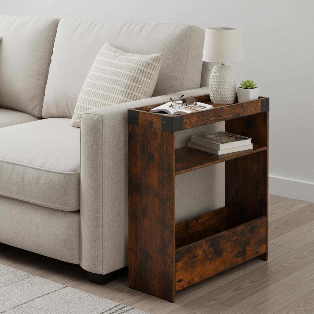 ZEXVIDA Farmhouse Narrow Side Table with Tray Top & Magazine Rack, Sofa Couch Side Table with Storage Shelf, Slim End Table for Small Spaces, Modern Nightstand for Bedroom, Living Room (Rustic Brown)
