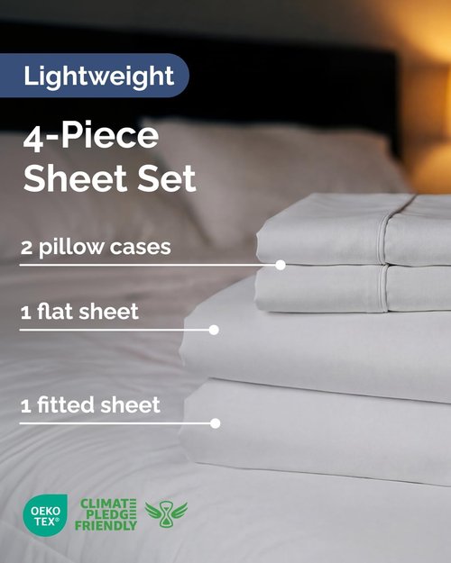 Lightweight Bed Sheet Set by [Brand Name] - Cooling Full Size Bedding for Hot Sleepers - Breathable with Deep Pockets - 1 Flat, 1 Fitted, 2 Pillowcases - Wrinkle Resistant - Light Grey