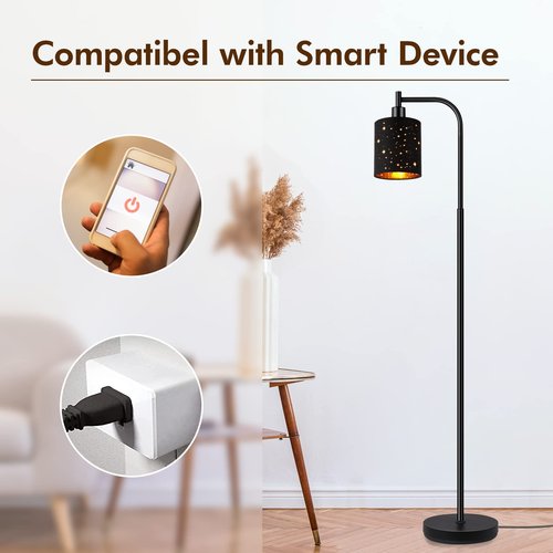 Gothic Industrial Floor Lamp with Starry Laser Cut Shade, 67" Black Metal Standing Lamp with 6W LED Bulb,Foot Switch, Perfect Halloween Spooky Home Decor,Tall Floor Lamp for Bedroom, Living Room,Black